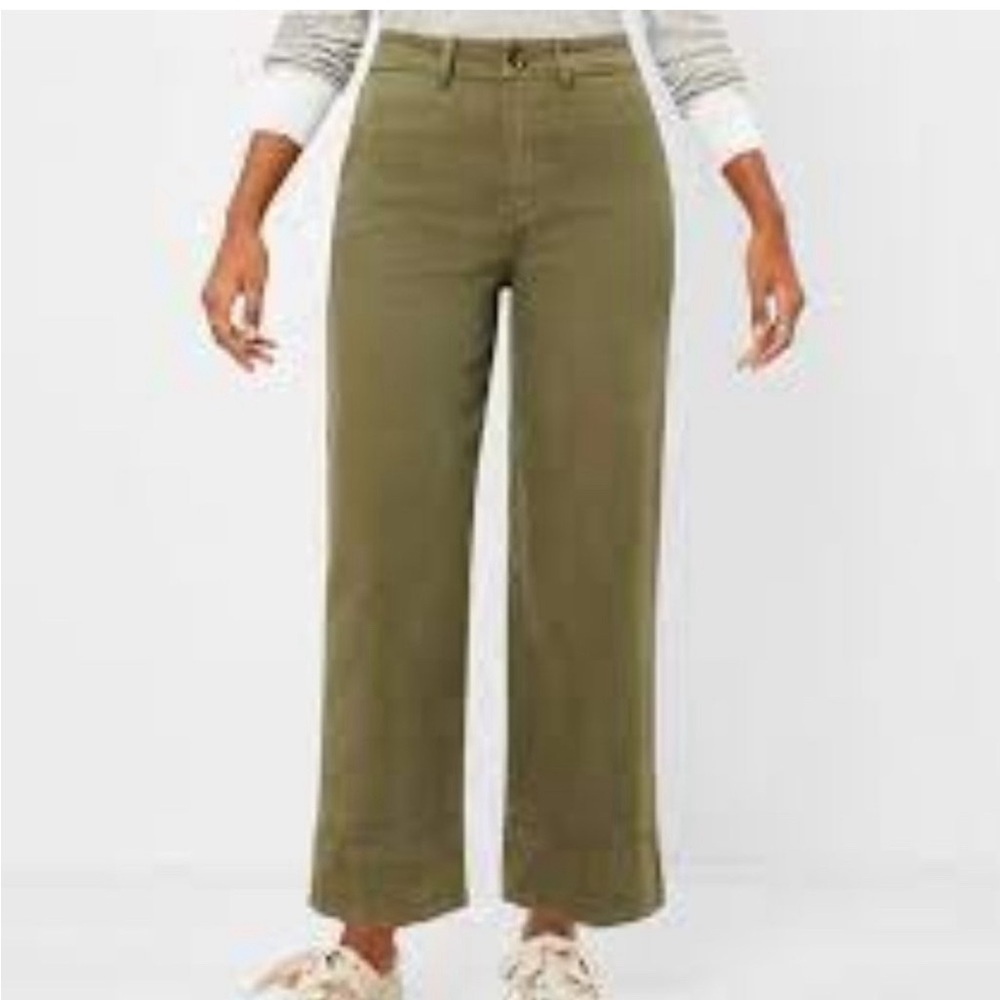Ann Taylor LOFT high waist wide leg jeans in olive green.